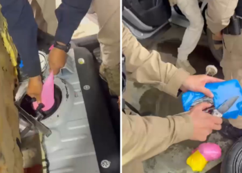 VÍDEO: homens se desmentem em abordagem e polícia descobre drogas escondidas em bexigas dentro de tanque de combustíveis, no Paraná